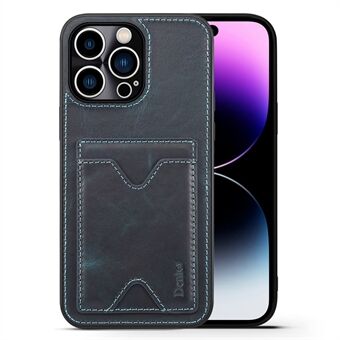 DENIOR Shockproof Case for iPhone 14 Pro Cowhide Leather TPU Phone Shell with Card Holder, Kickstand