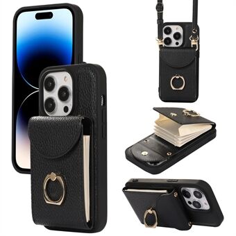 For iPhone 14 Pro Ring Kickstand Phone Case Accordion Style Card Slots Leather Coated TPU Cover with Shoulder Strap