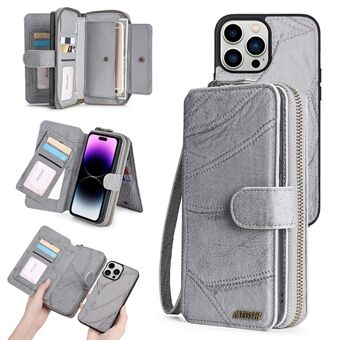 MEGSHI 004 Series PU Leather Shell for iPhone 14 Pro Detachable Zipper Wallet Stand Phone Cover