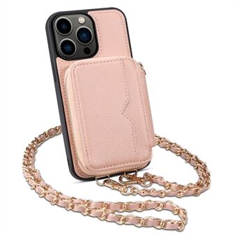 For iPhone 14 Pro Dustproof Phone Shell Kickstand Card Holder Wallet PU Leather+TPU Phone Case with Strap