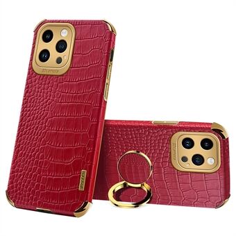 For iPhone 14 Pro 6D Electroplated Kickstand Phone Case PU Leather + TPU Crocodile Texture Back Cover