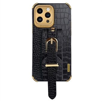 For iPhone 14 Pro Crocodile Texture 6D Electroplating Wristband Case PU Leather + TPU Anti-drop Phone Cover