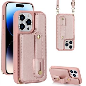 For iPhone 14 Pro Wriststrap Kickstand Bracelet Phone Case PU Leather Coated TPU Card Slot Cover