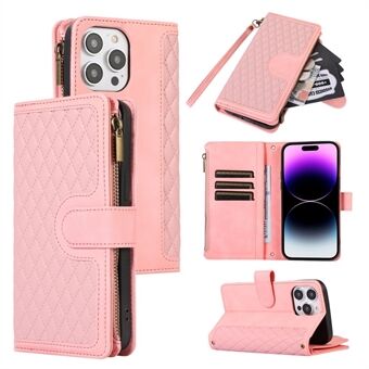 For iPhone 14 Pro Leather Wallet Stand Phone Case 9 Card Slots Zipper Pocket Rhombus Imprinted Shell