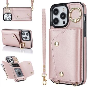 Zipper Wallet Ring Kickstand Phone Case for iPhone 14 Pro , PU Leather Coated TPU Crossbody Phone Cover