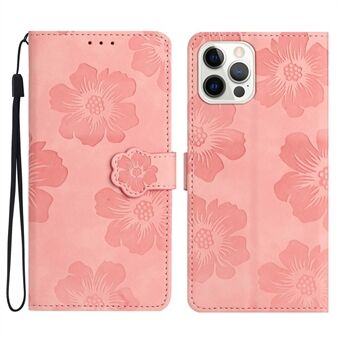 For iPhone 14 Pro Imprinted Flower Pattern Phone Case PU Leather Flip Stand Wallet Cover Shell with Strap