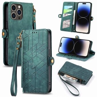 PU Leather Geometry Imprinted Case for iPhone 14 Pro , Zipper Pocket Cell Phone Stand Wallet Cover