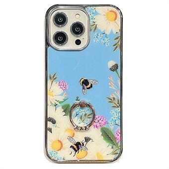 For iPhone 14 Pro Ring Kickstand Anti-fall Phone Case IMD Flower Pattern Electroplating PC+TPU Cover