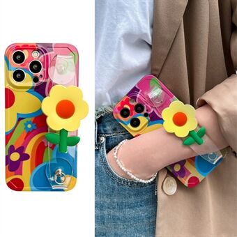 For iPhone 14 Pro Phone Case with Flower Decor Transparent Wristband Soft TPU Pattern Printing Cover