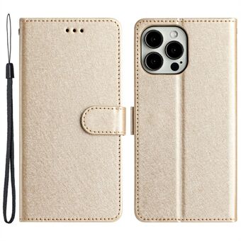 Phone Cover for iPhone 14 Pro Silk Texture Flip Case PU Leather Wallet Stand Shell with Wrist Strap