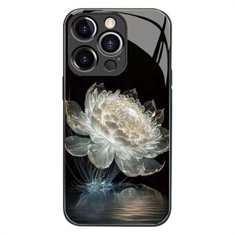 For iPhone 14 Pro Epiphyllum Print Design Phone Case Tempered Glass Back + TPU Bumper Back Cover