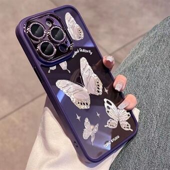 For iPhone 14 Pro Glittery Powder Decor Shell Platinum Butterfly Glass+TPU Case Phone Cover