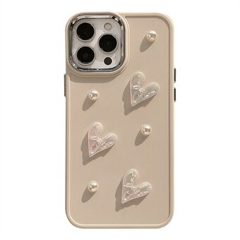 For iPhone 14 Pro 3D Heart Pearl Decor Shockproof TPU Cover Phone Back Case - Milky White