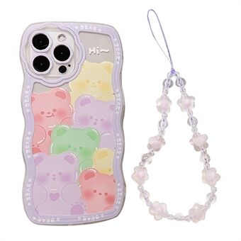 For iPhone 14 Pro Smartphone Case Bear Pattern Clear TPU Cover with Purple Flower Wrist Strap