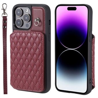 Style 008 For iPhone 14 Pro RFID Blocking Card Holder Case PU Leather+TPU Phone Kickstand Cover with Wrist Strap