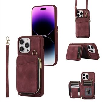 Anti-collision Shell for iPhone 14 Pro Zipper Wallet Phone Cover Kickstand PU Leather+TPU Case