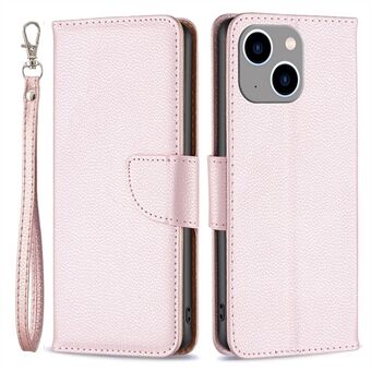 BF Leather Case Series-3 for iPhone 14 Plus 6.7 inch Wear-resistant Anti-fall Solid Color Cover Litchi Texture PU Leather Cover Stand Wallet Phone Case with Strap