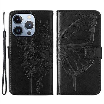 YB Imprinting Flower Series-4 for iPhone 14 Plus 6.7 inch Butterfly Flower Imprinted PU Leather Phone Case with Wallet Stand