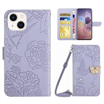 For iPhone 14 Plus Butterfly Flowers Imprinted Rhinestone Decor Magnetic Clasp Phone Cover Wallet Stand Leather Case with Shoulder Strap