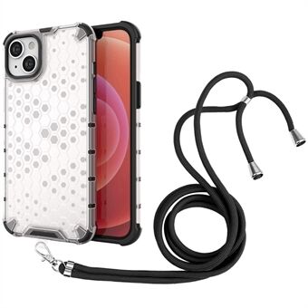 For iPhone 14 Plus 6.7 inch Honeycomb Textured Heat Dissipation Phone Case Hard PC Soft TPU Air Cushion Drop Protection Cover with Lanyard