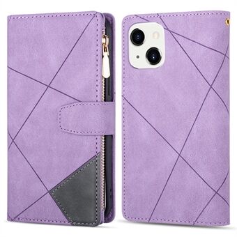 For iPhone 14 Plus 6.7 inch Color Splicing Stand Wallet Leather Shell Imprinting Lines Anti-scratch Mobile Phone Case with Zipper Pocket