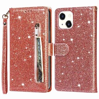 For iPhone 14 Plus 6.7 inch Anti-fingerprint PU Leather Glitter Powder Design Wallet Phone Case Zipper Pocket Phone Stand Cover Pouch