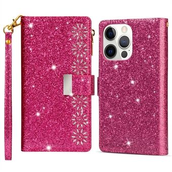 For iPhone 14 Plus 6.7 inch Flip Cover, Laser Carving Glittery Starry Style Zipper Wallet Stand Leather Phone Case with Strap