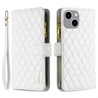 BINFEN COLOR for iPhone 14 Plus 6.7 inch BF Style-15 Anti-fall Zipper Pocket Imprinted Rhombus Pattern Case Flip Stand Matte PU Leather Wallet Cover