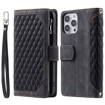 005 Rhombus Grid Textured PU Leather Phone Case for iPhone 14 Plus 6.7 inch, Zipper Pocket Stand Wallet Cover with Strap