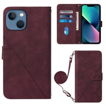 For iPhone 14 Plus 6.7 inch YB Imprinting Series-2 Business Style Stand Phone Cas PU Leather Imprinted Lines Wallet Cover with Shoulder Strap