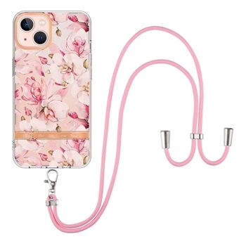 YB IMD-11 Series for iPhone 14 Plus 6.7 inch Anti-scratch IMD TPU Phone Case Flower Pattern Electroplating Cell Phone Cover with Lanyard