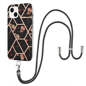 For iPhone 14 Plus 6.7 inch YB IMD Series-4 Soft TPU IMD IML Electroplating Edge Protective Case Marble Flower Pattern Phone Cover with Lanyard