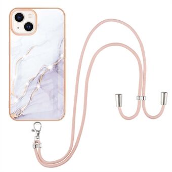 For iPhone 14 Plus 6.7 inch YB IMD Series-9 Marble Pattern Design Phone Case IMD Electroplating Frame Soft TPU Anti-Scratch Cover with Lanyard