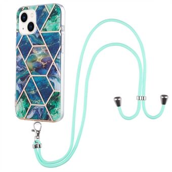 YB IMD Series-5 Anti-scratch Phone Cover for iPhone 14 Plus 6.7 inch, Drop-proof IML Electroplating TPU Phone Case with Splicing Marble Pattern Lanyard