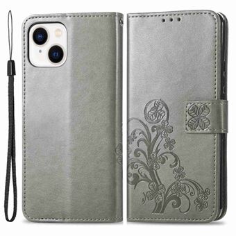 For iPhone 14 Plus 6.7 inch PU Leather Four-leaf Clover Pattern Imprinted Case Magnetic Closure Wallet Stand Shockproof Flip Cover with Strap