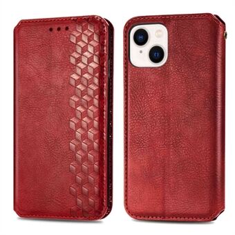 Shockproof Rhombus Imprinting Phone Cover for iPhone 14 Plus 6.7 inch, Auto-absorbed Magnetic Stand Wallet PU Leather Case Shell