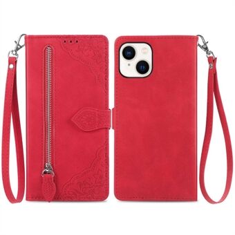 For iPhone 14 Plus 6.7 inch Fall Prevention Wallet Style Imprinted Leather Phone Case Zipper Pocket Function Magnetic Shell with Stand