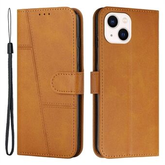 For iPhone 14 Plus 6.7 inch Stitching PU Leather Phone Cover Wallet Foldable Stand Folio Flip Case with Strap