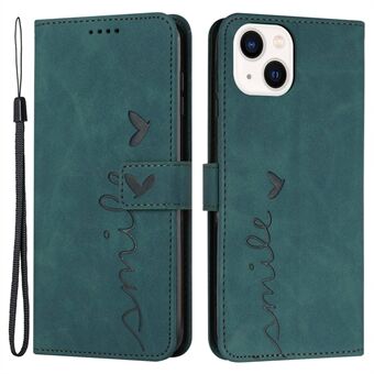 For iPhone 14 Plus 6.7 inch PU Leather Stand Wallet Case Skin-touch Feeling Heart Shape Imprinted Phone Cover with Strap