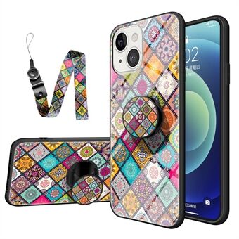 For iPhone 14 Plus 6.7 inch Flower Pattern Tempered Glass + Hard PC Stylish Phone Case Anti-scratch Soft TPU Kickstand Shell with Lanyard