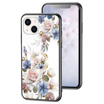 For iPhone 14 Plus 6.7 inch TPU+PC+Tempered Glass Flower Pattern Printing Phone Case Protector with Ring Kickstand