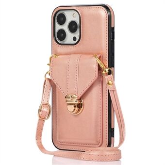 For iPhone 14 Plus Well-protected Wallet Design Leather Coated TPU Cell Phone Case Cover with Lanyard