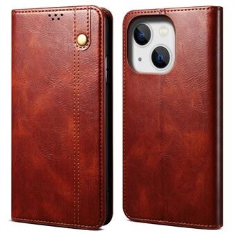 For iPhone 14 Plus Waxy Crazy Horse Texture Phone Case PU Leather TPU Stand Wallet Cover