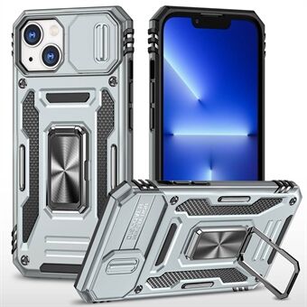 Shockproof Phone Case for iPhone 14 Plus, PC + TPU Ring Kickstand Cell Phone Shell with Slide Camera Protector