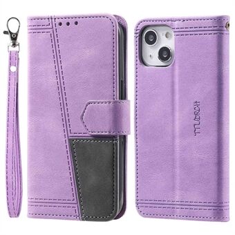 TTUDRCH For iPhone 14 Plus RFID Blocking Phone Case Skin-touch PU Leather + TPU Stand Wallet Shell with Hand Strap