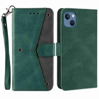 For iPhone 14 Plus Splicing Stitching Skin-touch Folio Flip Case Stand PU Leather Drop-proof Cell Phone Cover