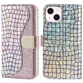 For iPhone 14 Plus Sparkly Glitter Splicing Stand Anti-fall Cover Crocodile Texture Scratch-resistant PU Leather Wallet Shell