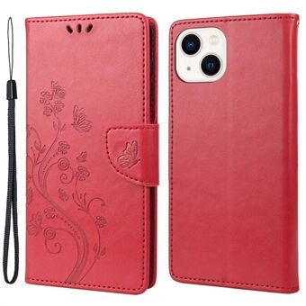 For iPhone 14 Plus Mobile Phone Case Wallet Stand Anti-scratch Imprinted Flower Butterflies Leather Phone Shell