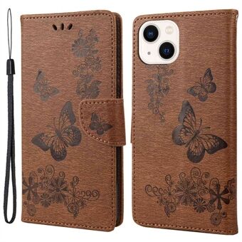 For iPhone 14 Plus Dustproof Phone Cover PU Leather Big Butterflies Flower Pattern Imprinting Wallet Case with Strap