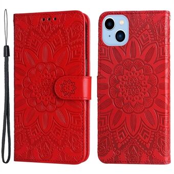 For iPhone 14 Plus Sunflower Imprinting Magnetic Clasp Case PU Leather Phone Stand Wallet Protective Cover with Strap